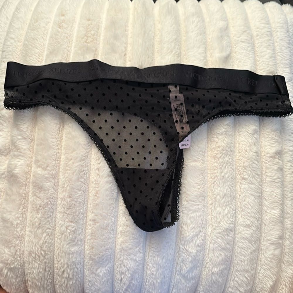 NWT Victoria’s Secret Mesh Sheer Polka Dot Black Logo Thong- Size Medium
